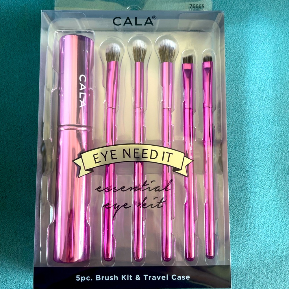 CALA 5 pc Essential Eye Makeup Brush Set Kit & Travel Case in Pink Metallic